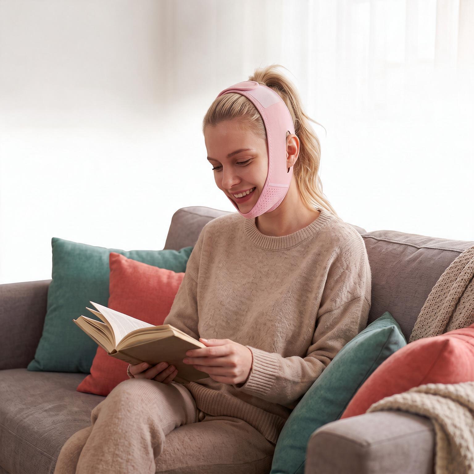 Woman reading on a sofa while wearing the sculpting strap